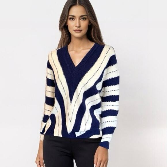 PrettyGarden Navy White Striped V-Neck Sweater Medium Women’s Pullover Knit Top - Picture 1 of 11